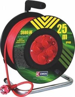 EMOS Červený prodlužovací kabel na bubnu 25m, 4 zásuvky, PVC, 230V, 1.5mm2 P19425