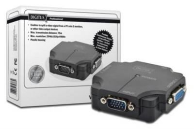 DIGITUS VGA Splitter, 2port, plastic housing, 350 MHz, HDSUB 15/M - 2x HDSUB 15/F Max. Res. 2048x153