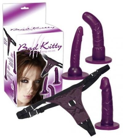 Připínací penisy Bad Kitty Strap-On purple Set