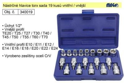 Nástrčné hlavice torx sada 19 kusů s vnitřním a vnějším profilem