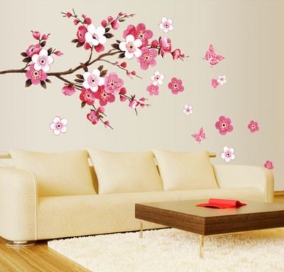 Samolepka na zeď větev s růžovými květy