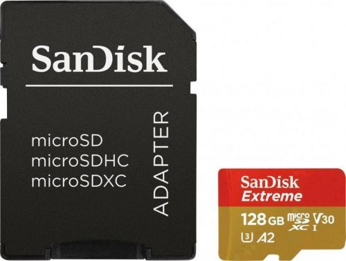 Paměťová karta microSDXC, 128 GB, SanDisk Extreme(TM), Class 10, UHS-I, UHS-Class 3, v30 Video Speed Class, výkonnostní standard A2