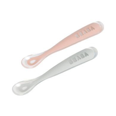 BEABA Sada 2 silikonových dětských lžiček s úložným boxem 1. věk růžová/šedá
