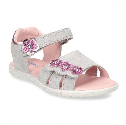 Šedé dětské kožené sandály se třpytivými květinami