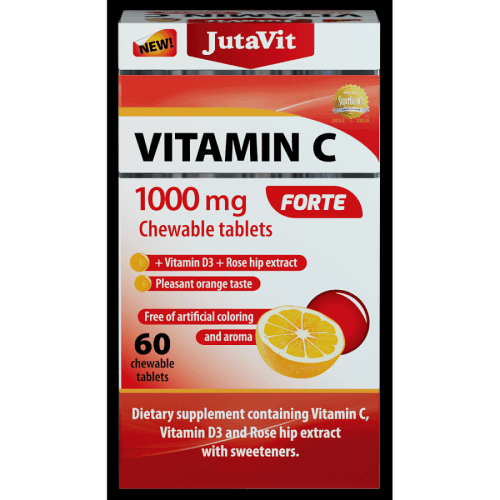JUTAVIT Vitamín C 1000 mg forte žvýkací tablety + vitamín D3 + extrakt ze šípků 60 tablet