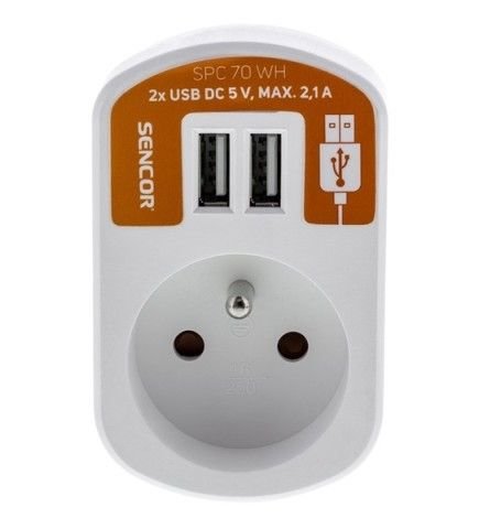 Prodlužovací přívod 1 zásuvka, 2x USB, 5V/2100mA SENCOR SPC 70 WH