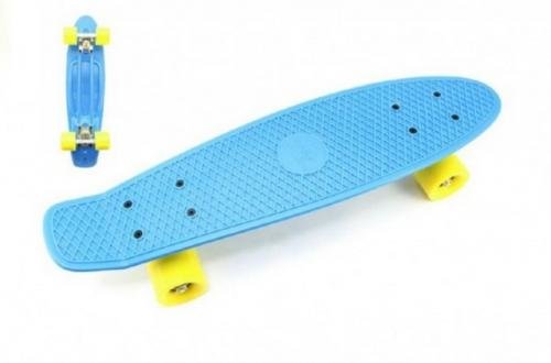 Skateboard 60cm nosnost 90kg, kovové osy, modrá barva, žlutá kola