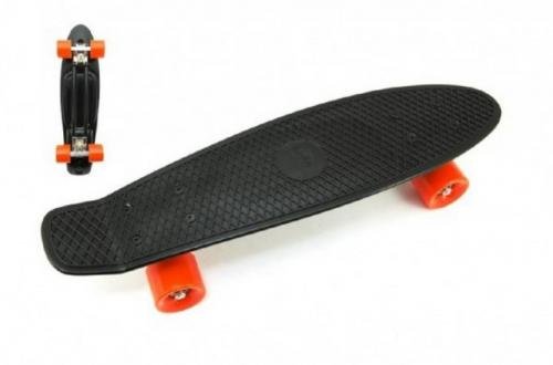 Skateboard 60cm nosnost 90kg, kovové osy, černá barva, oranžová kola