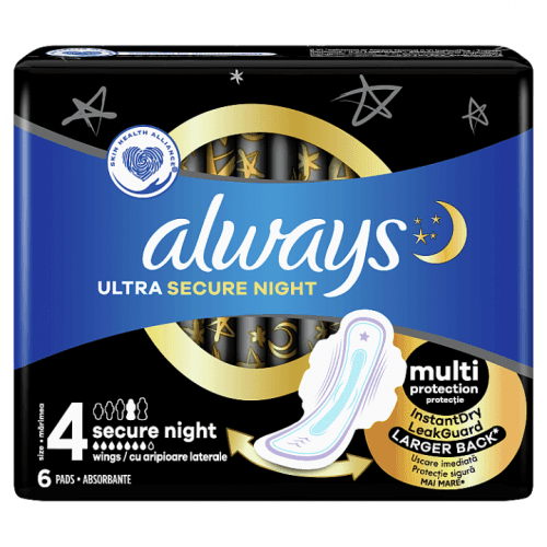 Always Ultra Secure Night (Velikost 4) Hygienické Vložky S Křidélky 6 ks