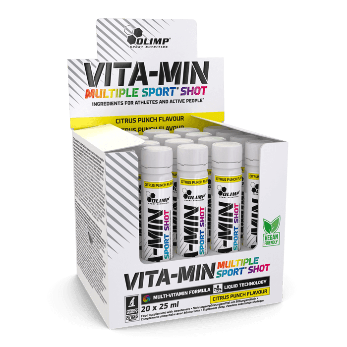 Olimp Vita-Min Multiple Sport Shot 25 ml, komplex minerálů a vitamínu řady B s inulinem a výtažkem zeleného čaje, Citrus Punch