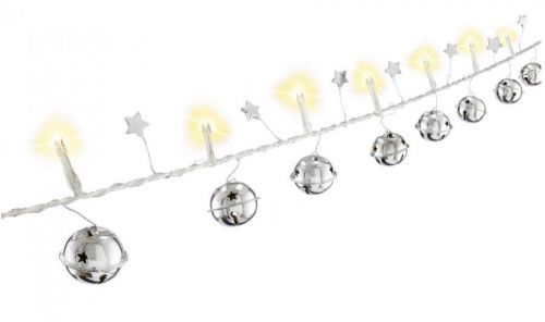 Vánoční řetěz - rolničky a hvězdy, 10 LED, teplé bílé,  časovač, bateriové napájení GB 57949