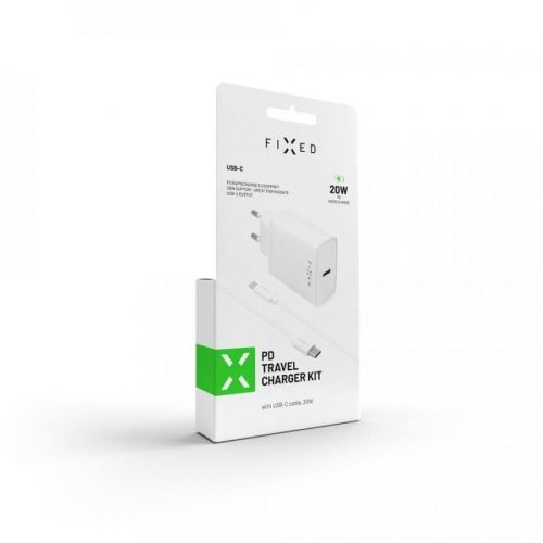 FIXED Set síťové nabíječky s USB-C výstupem a USB-C/USB-C kabelu, podpora PD, 1 metr, 20W FIXC20-CC-WH, bílý