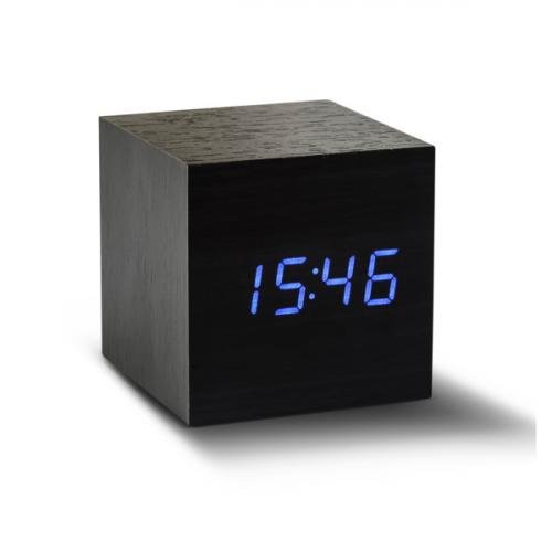 Budík s modrým LED displejem Gingko Cube Click Clock, černý