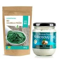 ALLNATURE Chlorella prášek BIO 100 g + Kokosový olej panenský BIO 200 ml ZDARMA
