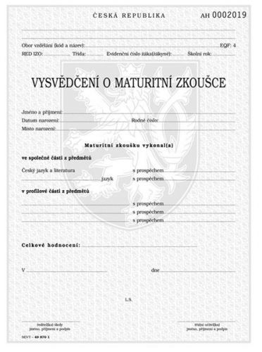 Vysvědčení o maturitní zkoušce pro střední školy /dva povinné předměty společné části/ QR kód