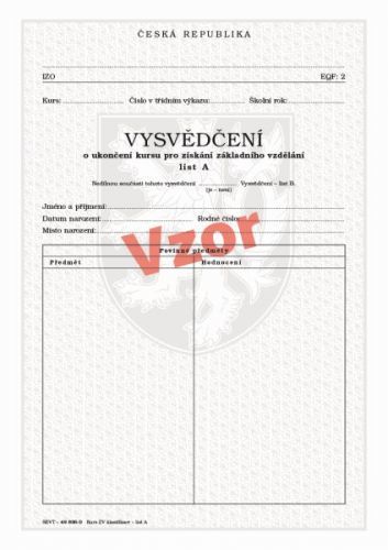 Vysvědčení o ukončení kursu pro získání základního vzdělání list A (klasifikace) pro tisk QR kódu