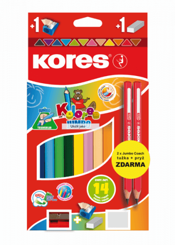 Kores Jumbo trojhranné pastelky 5 mm, 12 barev s ořezávátkem + 2 tužky a pryž ZDARMA