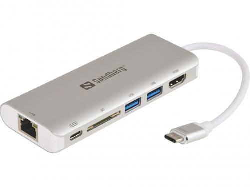 Sandberg USB-C HUB, HDMI+SD+USB+RJ45+USB-C(61W), stříbrný