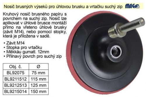 Nosič brusných výseků 115mm pro úhlovou brusku a vrtačku suchý zip