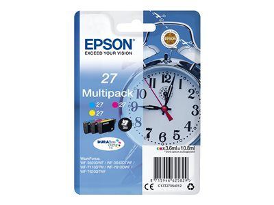 Epson 27 Multi-Pack - 3-balení - 10.8 ml - žlutá, azurová, purpurová - originál - blistr s RF / akustickým alarmem - inkoustová cartridge - pro WorkForce WF-3620DWF, WF-3640DTWF, WF-7110DTW, WF-7610DWF, WF-7620, WF-7620DTWF