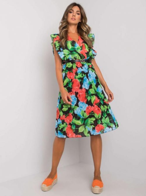 ČERNÉ MIDI ŠATY S POTISKEM MODRÝCH A ČERVENÝCH RŮŽÍ -DHJ-SK-13198-1.75-BLACK-RED Velikost: ONE SIZE