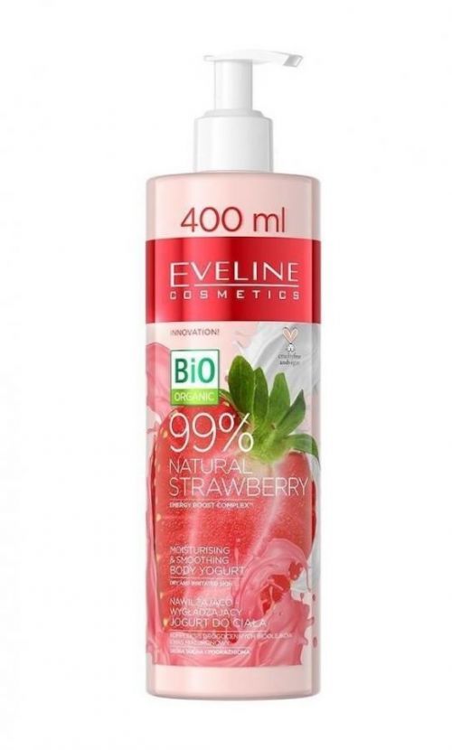 Eveline Cosmetics 99% Natural Strawberry Body Yogurt Hydratační a vyhlazující tělové mléko 99% Jahoda 400 ml