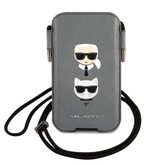 Stylová kapsa Karl Lagerfeld and Choupette Head Saffiano PU Pouch S/M KLHCP12MOPHKCG, šedá
