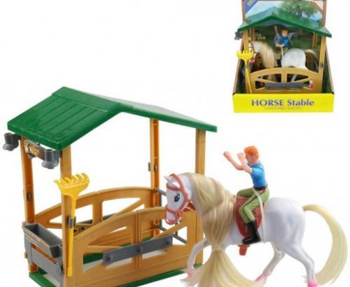Stáj s koněm 25cm a jezdcem herní set plast v krabici