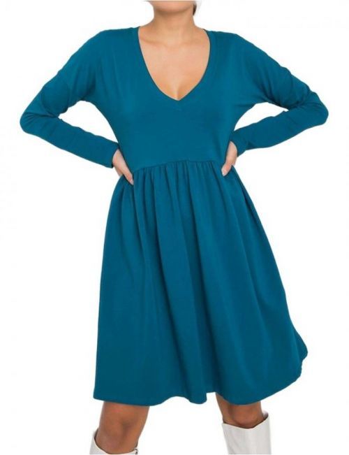 Modré dámské šaty s dlouhými rukávy
