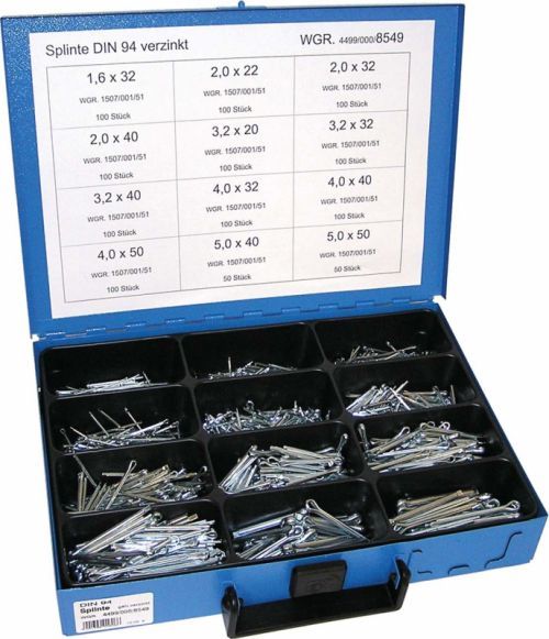Závlačky DIN 94 1.6x32-5.0x50 mm, pozinkované, sada 1100 ks v kufru