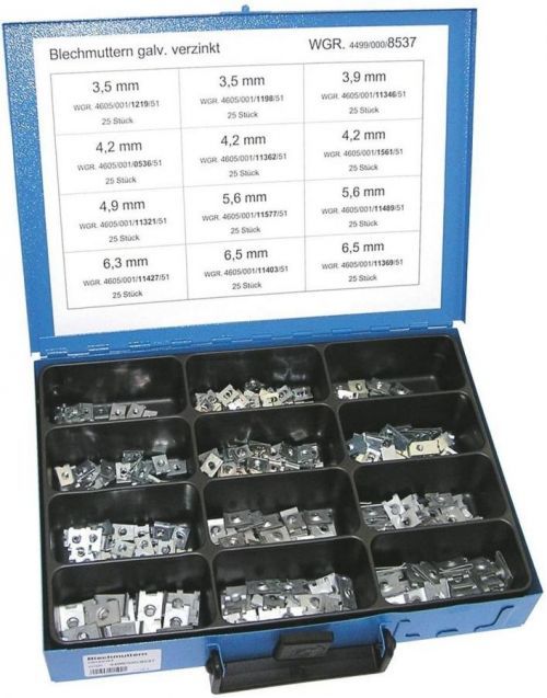 Plechové - pružné matice pro samořezné šrouby 3,5-6,5 mm, pozinkované, sada 300 ks v kufru