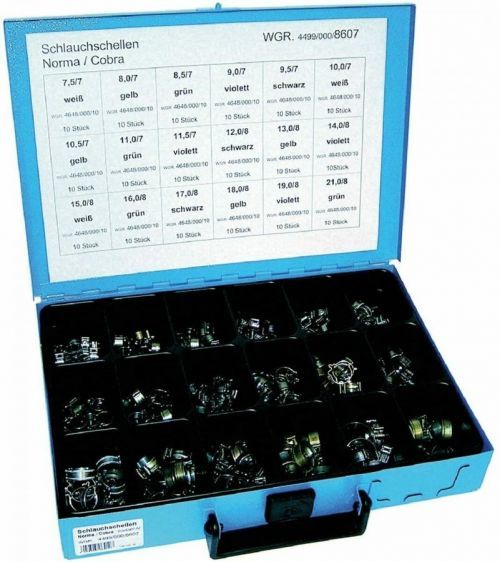 Hadicové spony deformační, 7,5-21 mm, nerezové, sada 180 ks v kufru