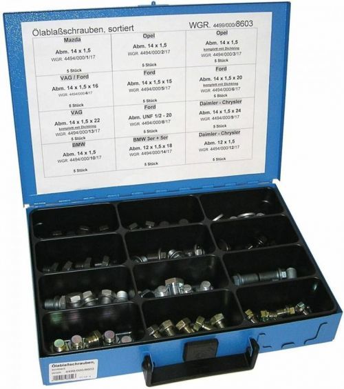 Zátky - výpustné šrouby olejových van, různé značky, sada 60 ks v kufru