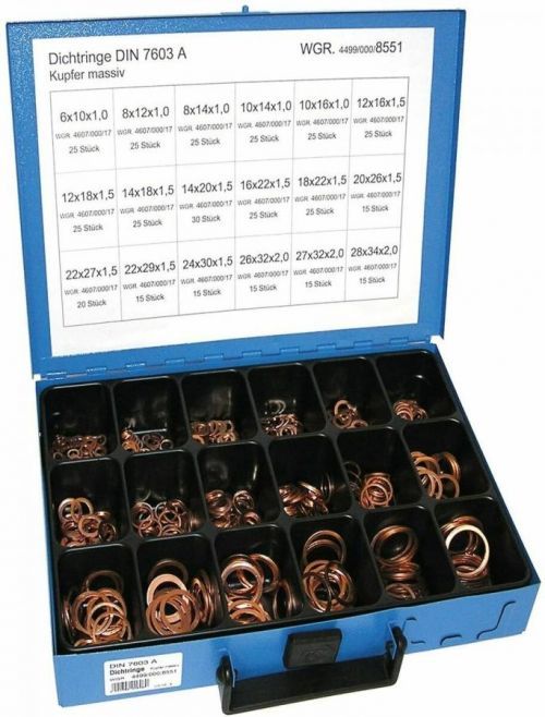 Těsnicí kroužky měděné DIN 7603 A 6x10-28x34, sada 390 ks v kufru