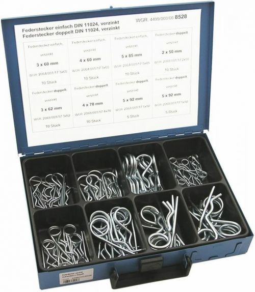 Závlačky pružinové jednoduché a dvojité DIN 11024, pozinkované, sada 70 ks v kufru