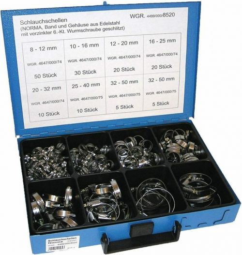 Hadicové spony se šroubovacím zámkem, 8-50 mm, nerezové, sada 150 ks v kufru