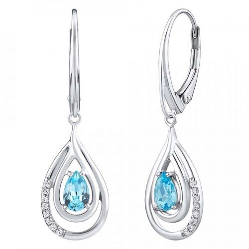 SILVEGO Luxusní stříbrné visací náušnice s přírodním světle modrým Swiss Blue Topazem a zirkony - FWE10130LBT