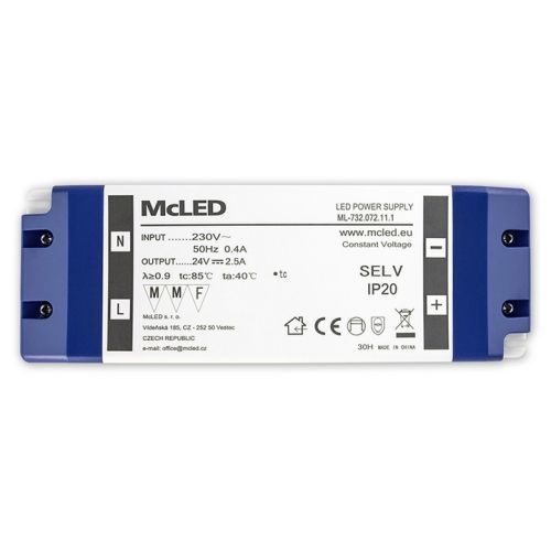 Nábytkový LED napájecí zdroj McLED 24VDC 60W 2,5A ML-732.072.11.1