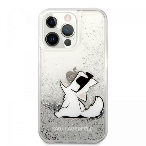 Zadní kryt KLHCP13LGCFS Karl Lagerfeld Liquid Glitter Choupette Eat pro Apple iPhone 13 Pro, stříbrná