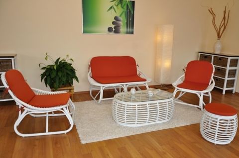 Ratanová sedací souprava Denpasar bílá polstry přírodní pískové