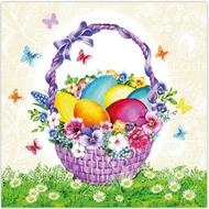 Aha Velikonoční papírové ubrousky fialový košík s vajíčky a motýlci 3 vrstvé 33 x 33 cm 20 kusů