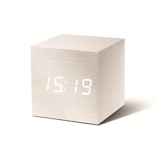 Budík s bílým LED displejem Gingko Cube Click Clock, bílý