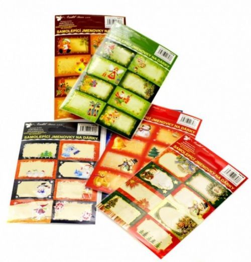 Samolepicí jmenovky na dárky s ražbou, různé druhy