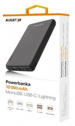Powerbanka Aligator 10000mAh Li-Pol, 3v1 Micro, Lightning, USB-C