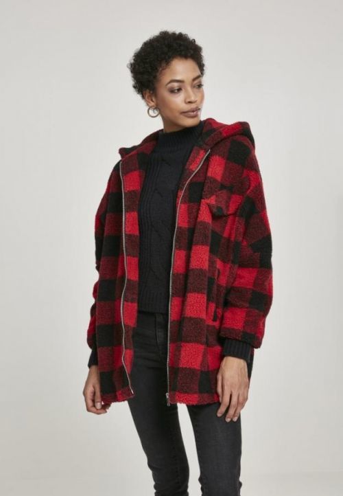 Ladies Hooded Oversized Check Sherpa Jacket firered/blk 3XL