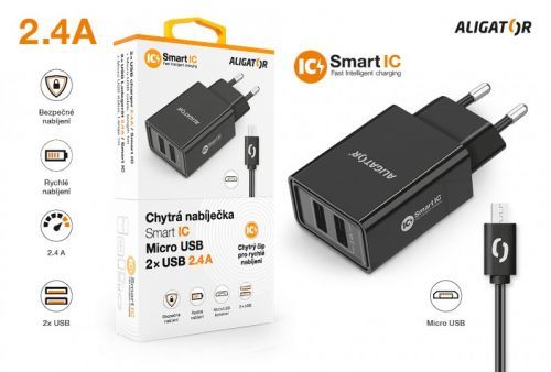 ALIGATOR Chytrá síťová nabíječka 2,4A, 2xUSB, smart IC, černá, micro USB kabel