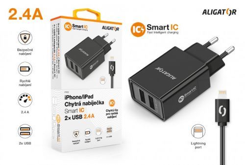 ALIGATOR Chytrá síťová nabíječka 2,4A, 2xUSB, smart IC, černá, USB kabel pro iPhone/iPad