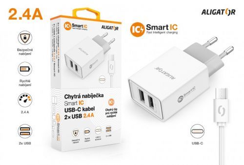 ALIGATOR Chytrá síťová nabíječka 2,4A, 2xUSB, smart IC, bílá, USB-C kabel