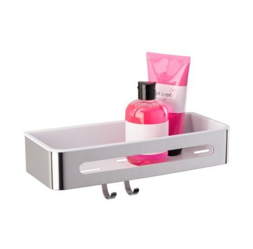 WENKO Nástěnná polička s háčky BEZ VRTÁNÍ Premium Plus kovově lesklá