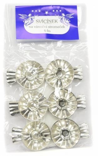 Svícínek na vánoční stromeček plechový stříbrný 6 kusů